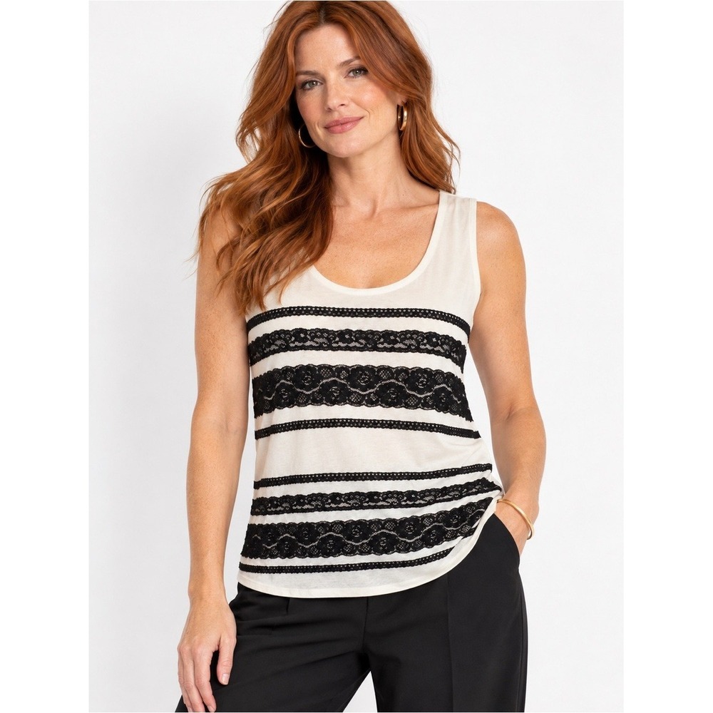 NWT Black & Cream Lace Striped Tank Top Parisian Chic Large $38